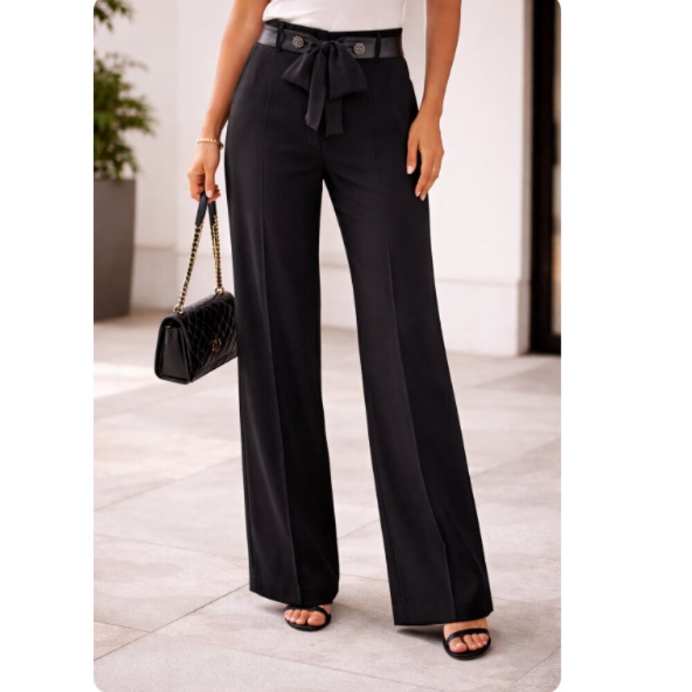 Studio Bill Blass Melanie Lyne Black Straight Leg Pants Chiffon Belt 12 NWT
